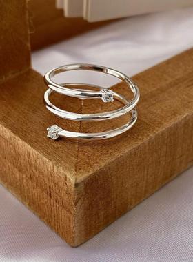 韩版ins小众轻奢戒指女925纯银INS三环锆石戒指高级感百搭可调节