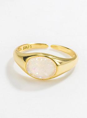 银韩阁 欧美S925纯银个性复古欧珀石戒指ins潮复古创意活口可调节