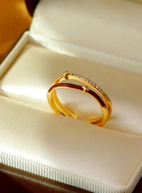 红色星星开口戒指女复古可调节指环小众设计轻奢高级感叠戴食指戒