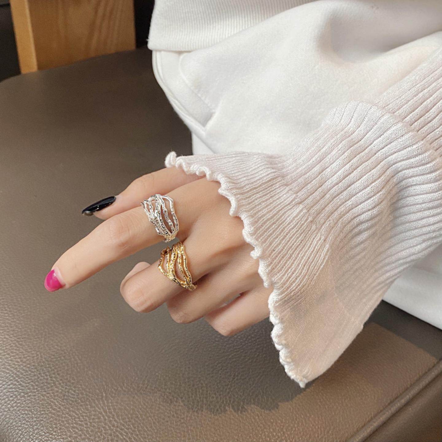 欧美风设计ins不规则925纯银戒指轻奢冷淡风肌理线条指环闺蜜同款