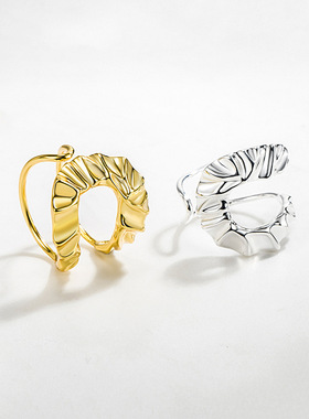 韩国锡纸镂空线条U形褶皱纹开口可调节戒指S925纯银小众设计ins指