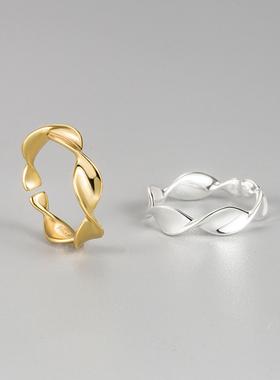 韩国小众复古ins波浪扭纹极简925纯银戒指几何形百搭开口指环