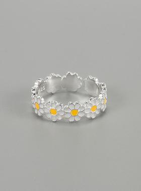 夏季小雏菊戒指森系韩国S925纯银白色花朵滴胶开口网红食指戒指女