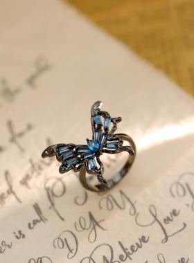 法式轻奢蓝色锆石蝴蝶戒指 开口可调节潮酷ins风个性小众设计指环