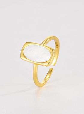 小众高级感轻奢贝壳戒指S925纯银方圆形白贝母个性几何百搭指环