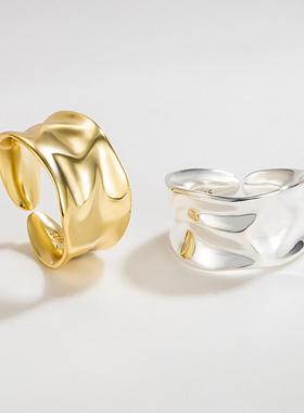 韩国东大门INS风纯银925不规则凹凸面戒指个性冷淡风几何宽面介子