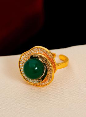 新中式复古港风玛瑙戒指 复古轻奢祖母绿宫廷风立体花朵珠宝戒指