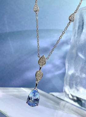 珠宝新款S925银梨形8*12水滴项链海蓝色欧美吊坠女40+5