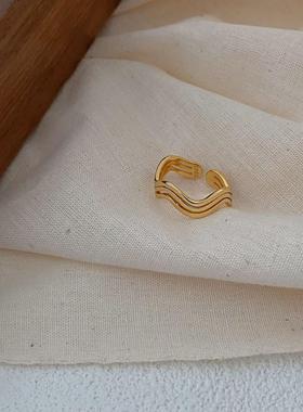 欧美复古个性几何设计波浪戒指通体S925纯银百搭食指戒女生可调节