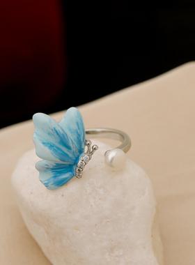 复古油画感蝴蝶戒指女夏季珐琅渐变蓝色珍珠食指戒高颜值爆款戒指