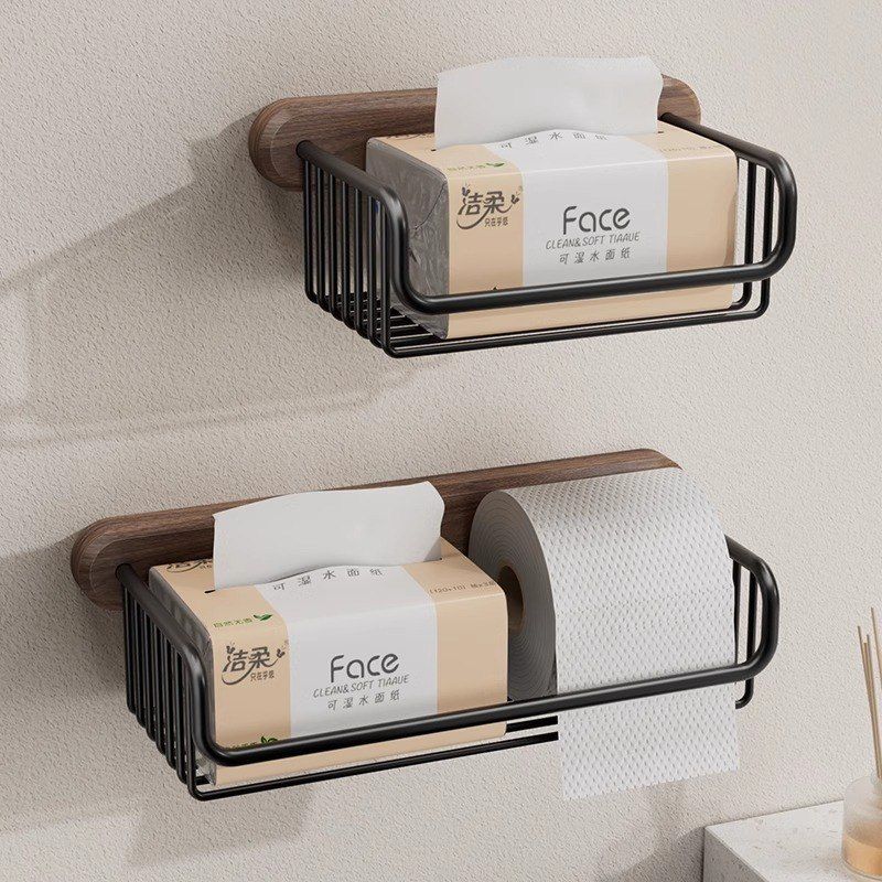 胡桃木卷纸架卫生间置物架收纳篮子厕所纸巾架免打孔洗手间厕纸盒