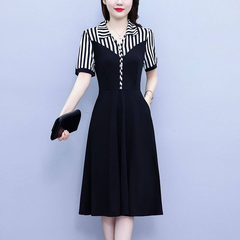 条纹连衣裙夏装女大码2026新款小个子气质收腰显瘦假两件套装裙子