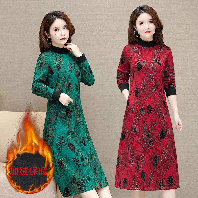 中年连衣裙女加绒冬遮肚子裙子女