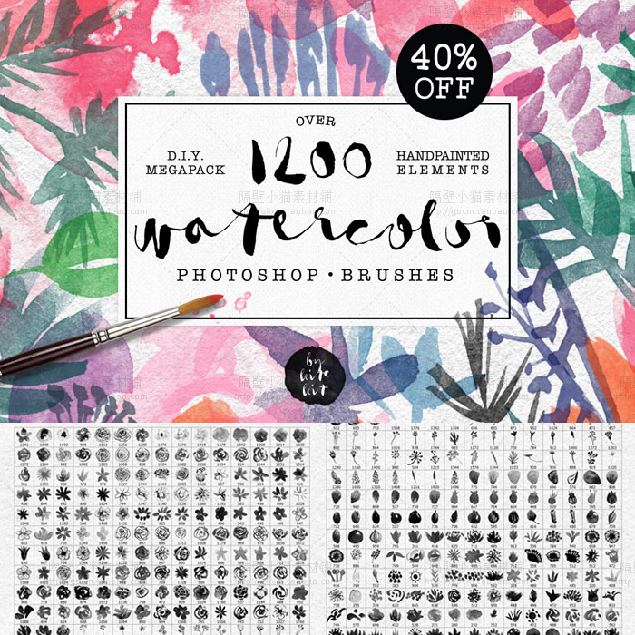 PS笔刷水彩花朵叶子动物兔子鹿角鸟墨迹爱心飘带边框 ABR笔刷素材