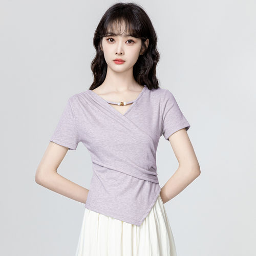 紫色不规则短袖T恤女夏20