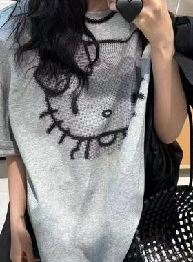 美式慵懒风卡通印花灰色短袖T恤女2026夏季新款宽松显瘦圆领上衣