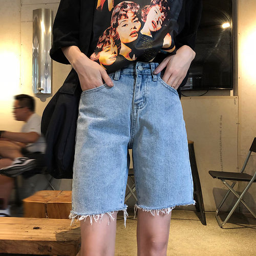 牛仔五分裤女高腰夏季宽