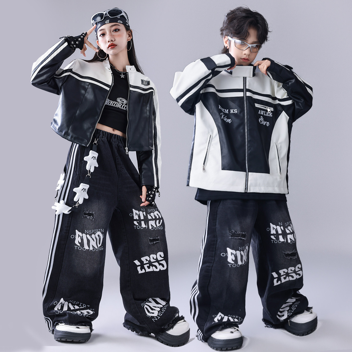 儿童街舞潮服男孩poping架子鼓演出服少儿爵士舞服装潮酷女童皮衣图片