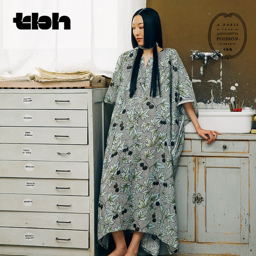 tbh野兽派家居梧桐工坊合作系列亚麻长罩衫女士夏季宽松中长款裙