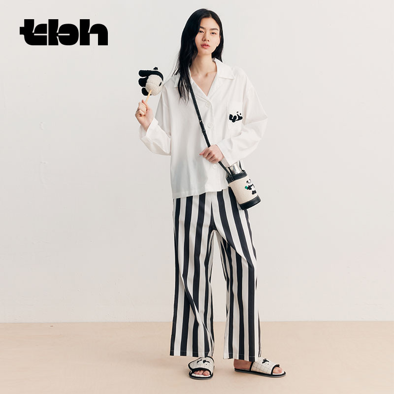 tbh野兽派家居熊猫嘭嘭天丝棉长款家居服套装四季可外穿情侣睡衣