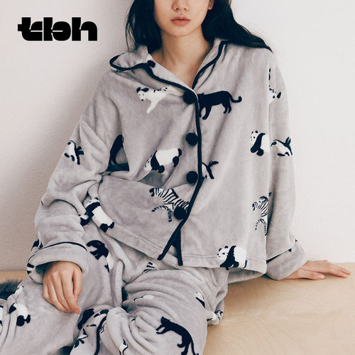 tbh野兽派家居熊猫嘭嘭法兰绒家居服套装可外穿秋冬长袖情侣睡衣