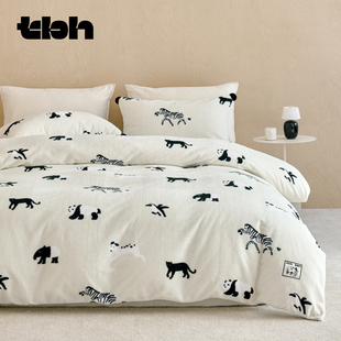 tbh野兽派家居床品三 四件套熊猫嘭嘭保暖加厚法兰绒床笠套件冬