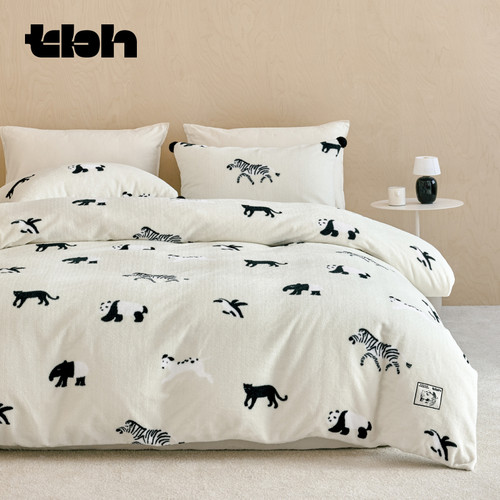 tbh野兽派家居床品三/四件套熊猫嘭嘭保暖加厚法兰绒床笠套件冬*