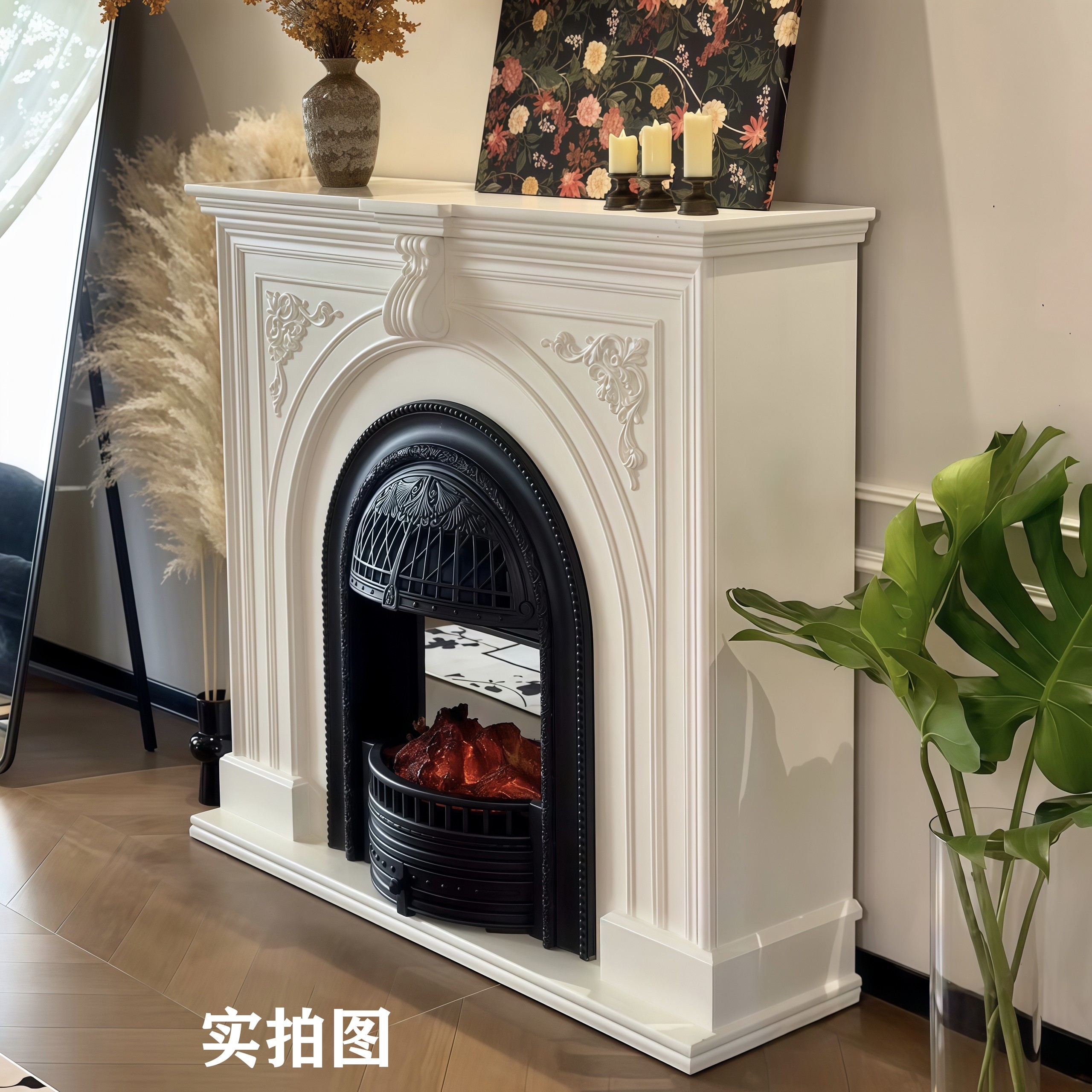 法式实木壁炉装饰柜入户壁炉玄关美式客厅仿真火焰雾化壁炉柜定制