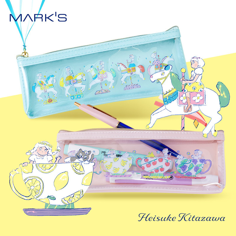 MARK'S北泽平祐联名系列插画印花PVC拉链透明笔袋文具收纳包女生便携化妆大容量旋转木马天鹅船咖啡杯