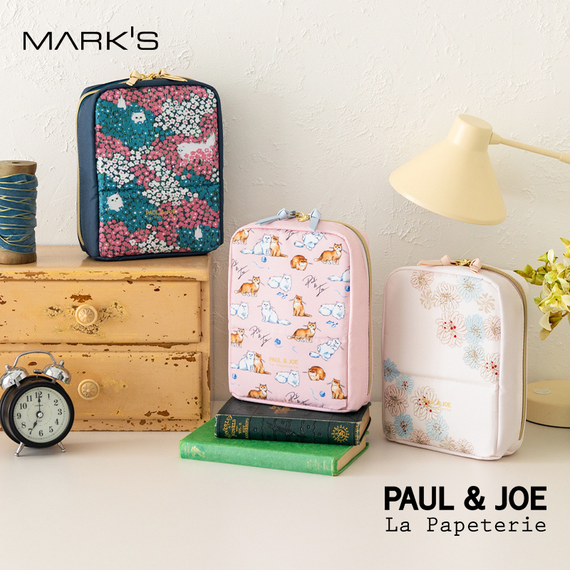 日本MARK'S×PAUL&JOE2024秋冬限定桌面立式文具收纳包大容量笔袋B6手帐收纳化妆包数码包包中包猫咪花卉主题