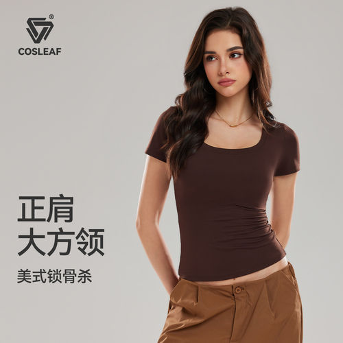 COSLEAF科里芙短袖健身T恤女正肩大方领修身显瘦紧身透气运动上衣