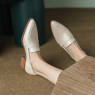 羊皮真皮单鞋女法式舒适春秋尖头中跟粗跟高跟杏色乐福鞋女小皮鞋