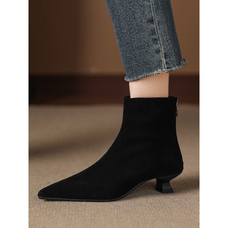 羊皮真皮法式韩版尖头细跟短靴女冬季黑色低跟后拉链百搭气质靴子,女鞋,时装靴,淘宝优惠券,粉丝福利购,淘宝优惠卷
