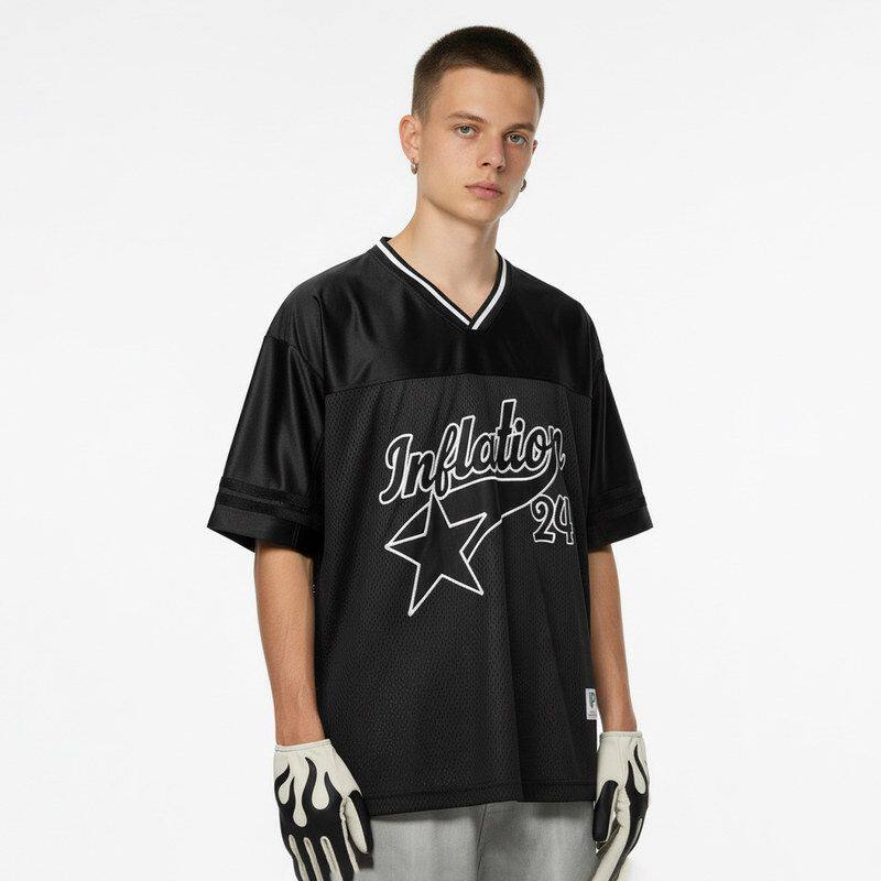 贴布绣透气速干运动球服T恤夏季新款美式潮牌男女宽松v领短袖上衣