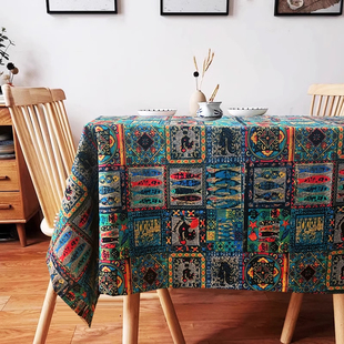 东南亚复古民族风桌布棉麻酒吧咖啡厅民宿餐桌布茶几长方形台布艺