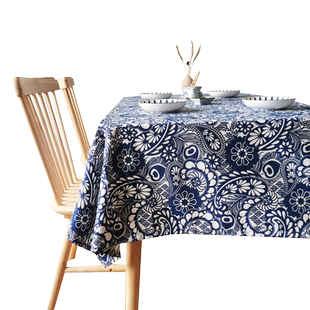 乌镇蓝印花桌布仿蜡染布艺棉麻餐桌电视机茶几防尘布田园复古台布