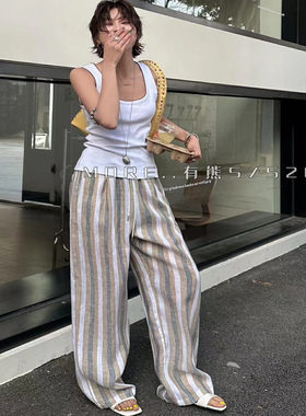 2025夏季新款韩系More.有熊简约风双色条纹宽松直筒抽绳休闲裤女