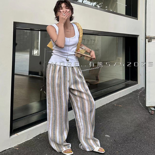 2025夏季新款韩系More.有熊简约风双色条纹宽松直筒抽绳休闲裤女