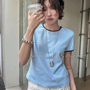 2025夏季新款韩系More.有熊简约风圆领修身撞色百搭短袖T恤上衣女