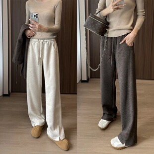 750g显瘦显腿长加绒直筒裤 女秋冬款 子 醋酸羊毛人字纹休闲裤 神裤