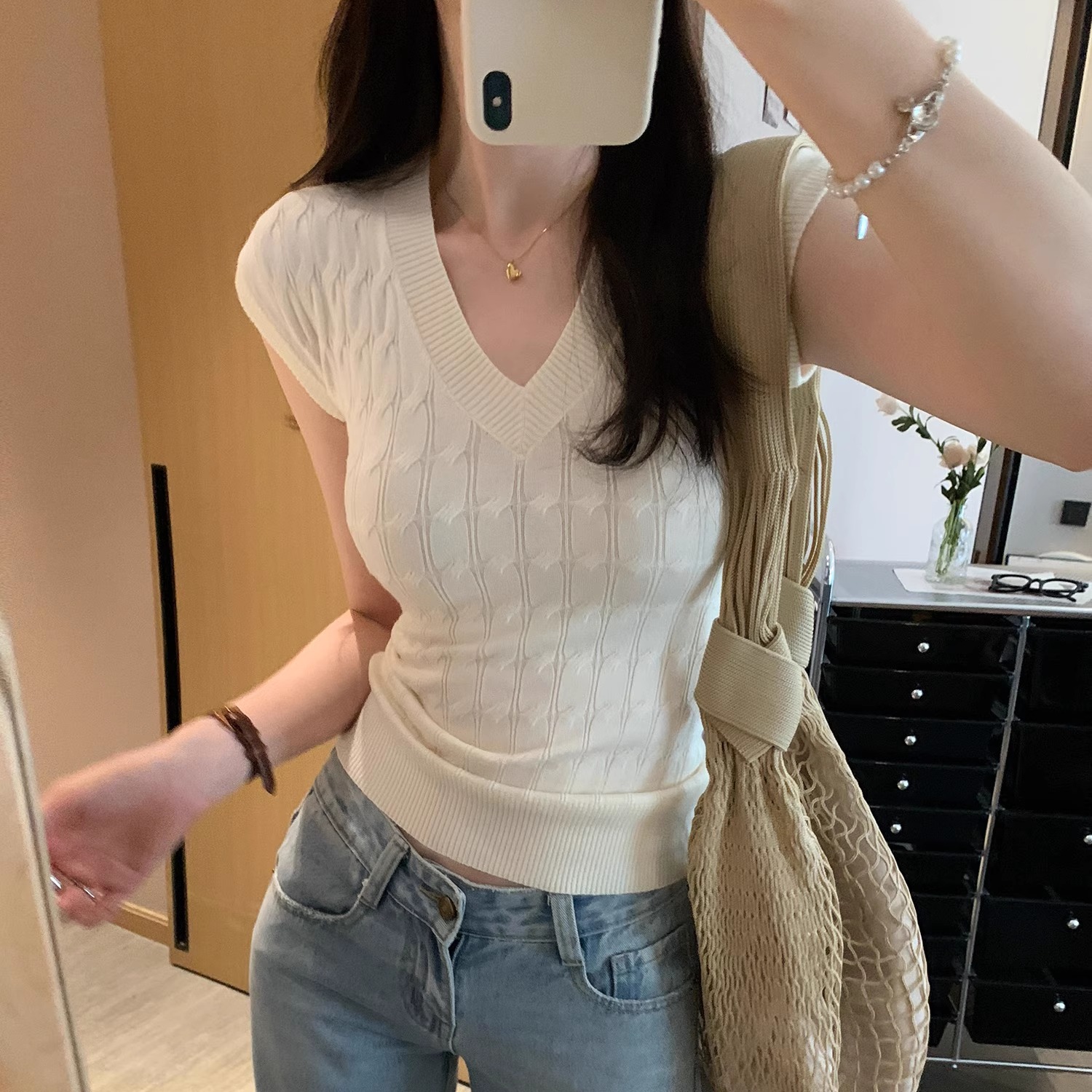 优雅温柔V领针织短袖t恤女25夏季