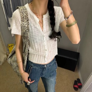 古早孔雀蓝 韩系薄款短袖针织t恤女2025春夏薄款修身短款开衫上衣