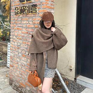 休闲披肩两穿双面羊绒大衣2024年秋冬新款短款显瘦羊毛呢外套女款