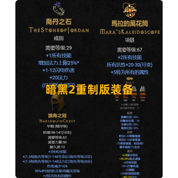 暗黑2重制版乔丹之石soj/马拉的万花筒装备玛拉/谐角之冠精神剑盾