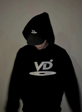 VUJADE潮牌新款VD字母刺绣宽松重磅高街复古黑色卫衣男帽衫秋冬潮