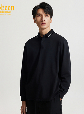 卡宾撞色翻领长袖T恤男春秋百搭时尚休闲黑色商务通勤上衣po