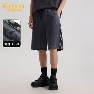 卡宾男装 棋盘格织带拼接牛仔休闲短裤2025夏季新款宽松直筒裤