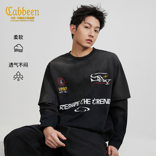 【时尚街头】卡宾宽松长袖T恤男装2026春季新款美式印花休闲上衣