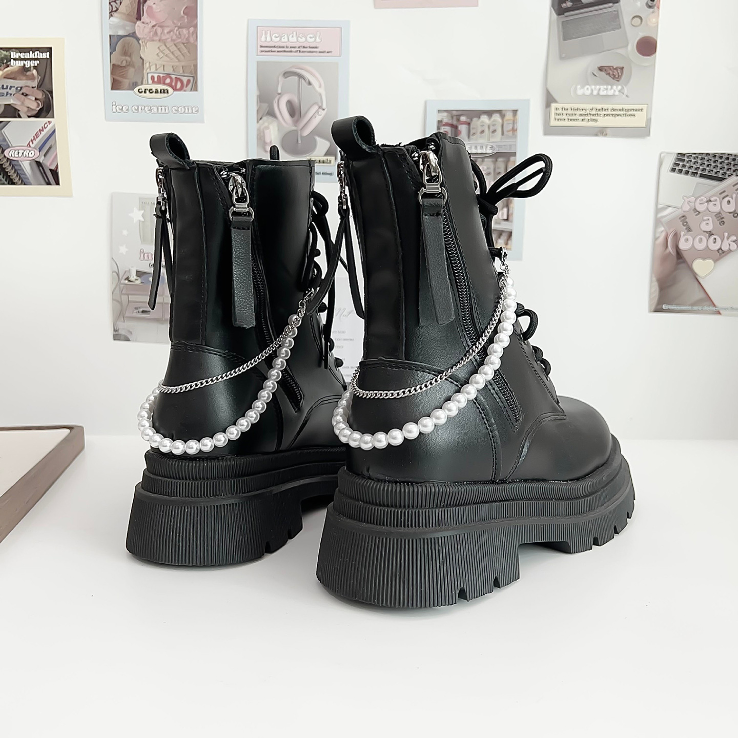 马丁靴高帮帆布鞋装饰链条鞋配饰