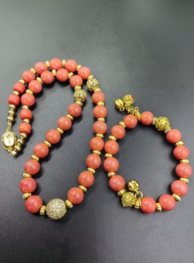 手工原创古法手工琉璃珠橘粉色10mm项链手链